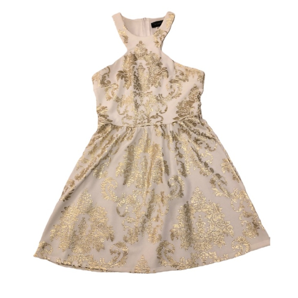 B. Darlin Juniors’ Homecoming Halter Dress, Size 7/8, White and Gold